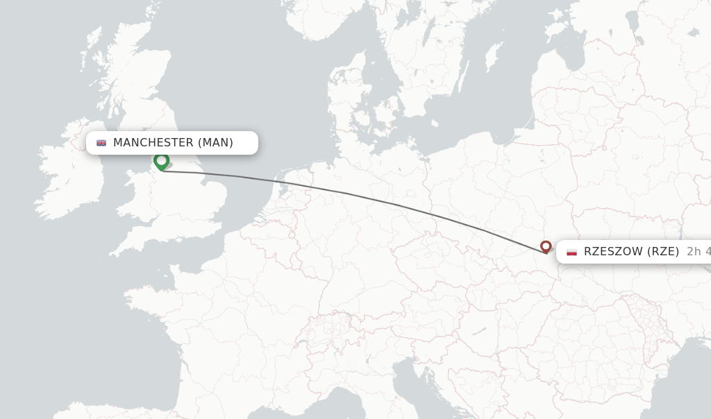 Flights from Manchester to Rzeszow route map