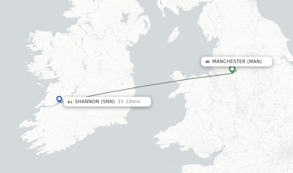 Flights from Manchester to Shannon route map