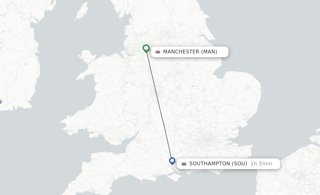 Flights from Manchester to Southampton route map