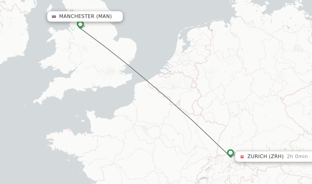 Flights from Manchester to Zurich route map