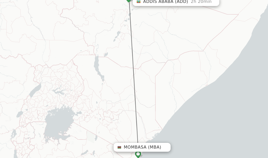 Flights from Mombasa to Addis Ababa route map
