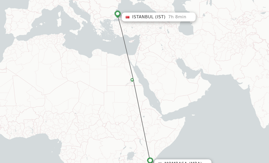 Flights from Mombasa to Istanbul route map