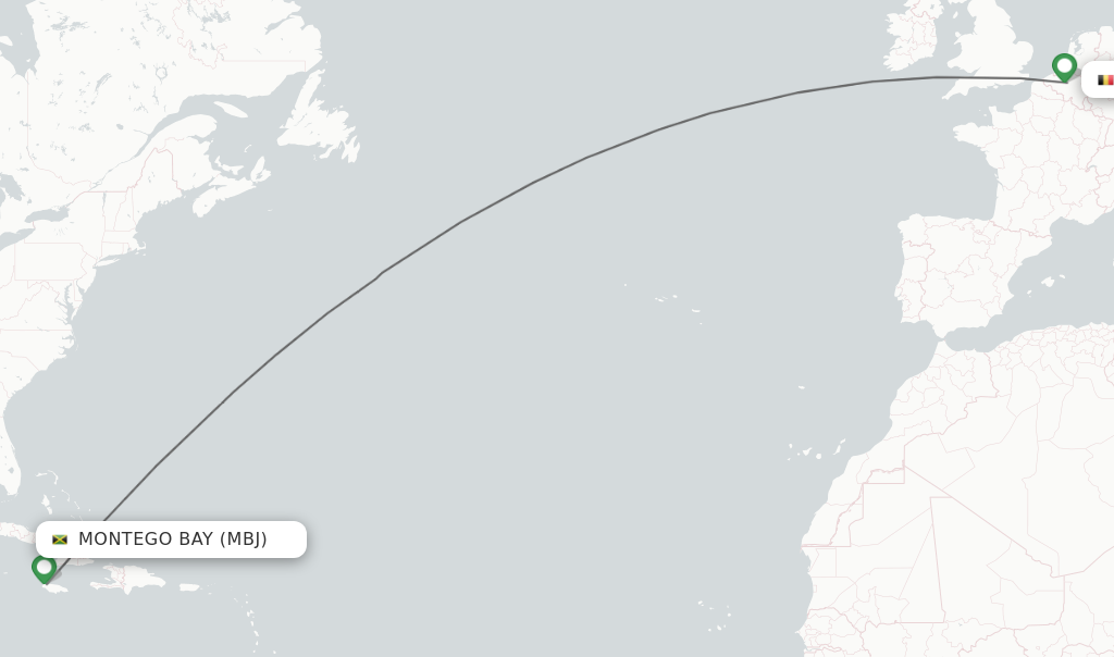 Flights from Brussels to Montego Bay route map