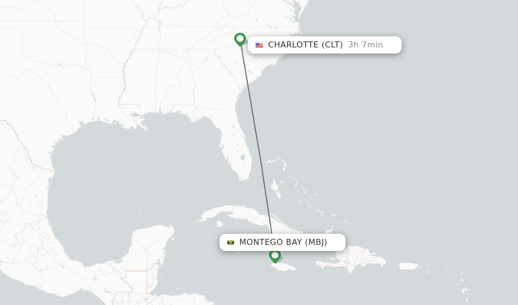 Flights from Montego Bay to Charlotte route map