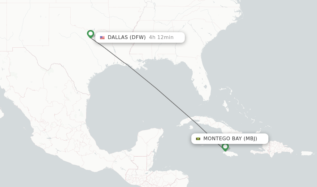 Flights from Montego Bay to Dallas route map
