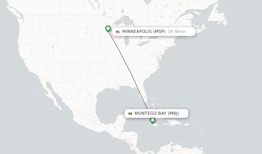 Flights from Montego Bay to Minneapolis route map