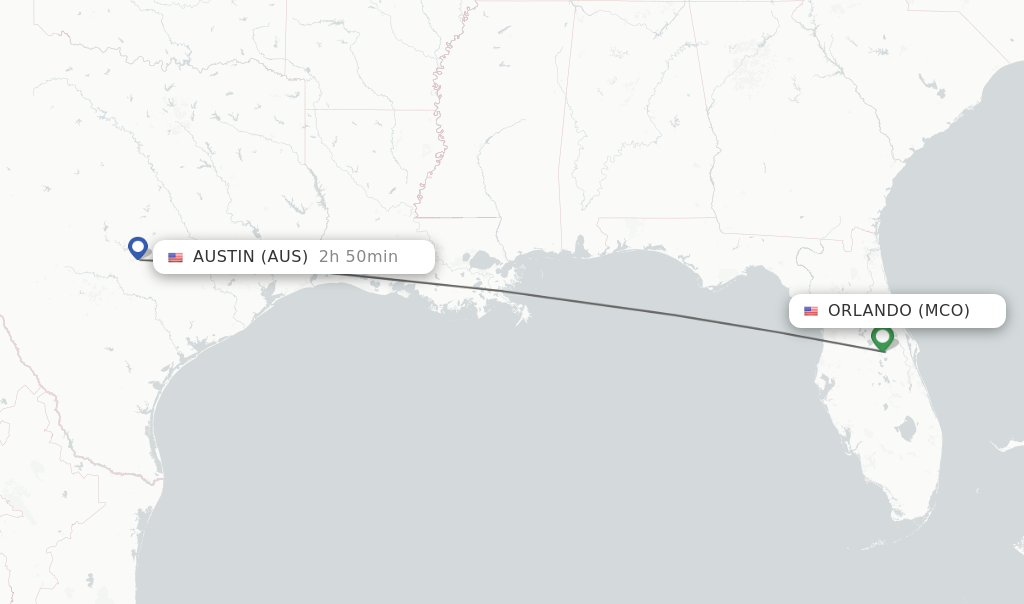 Flights from Orlando to Austin route map