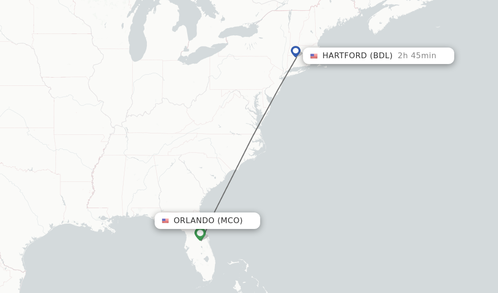Flights from Orlando to Hartford route map