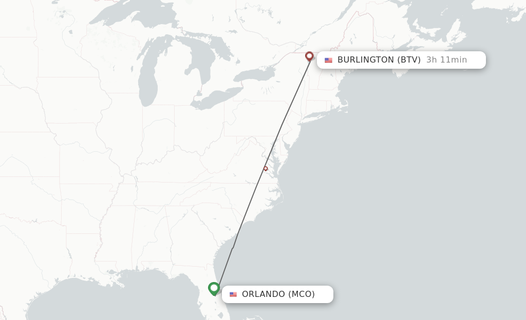 Flights from Orlando to Burlington route map