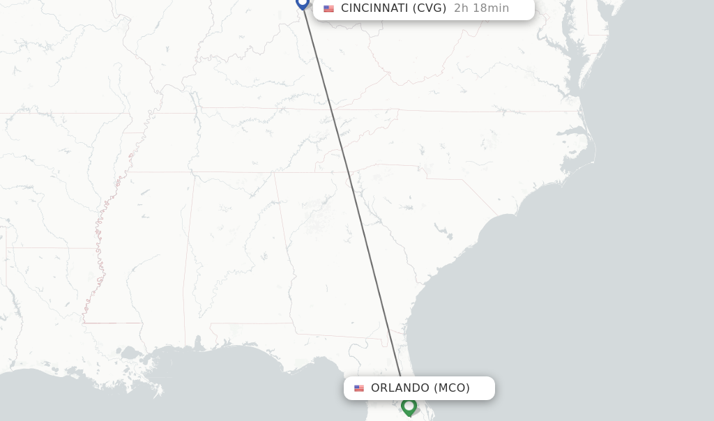 Flights from Orlando to Cincinnati route map