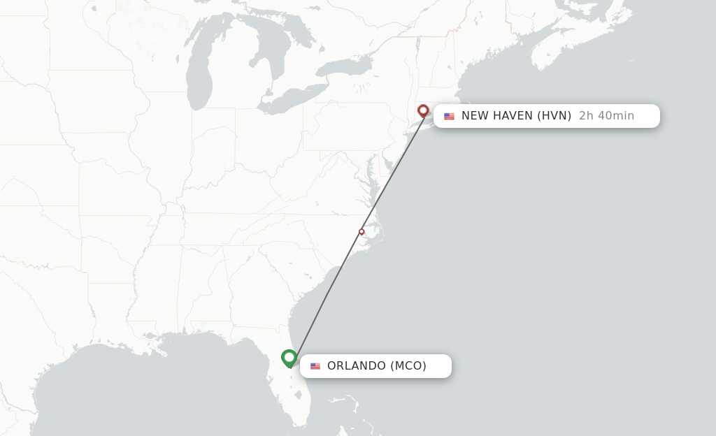 Flights from Orlando to New Haven route map