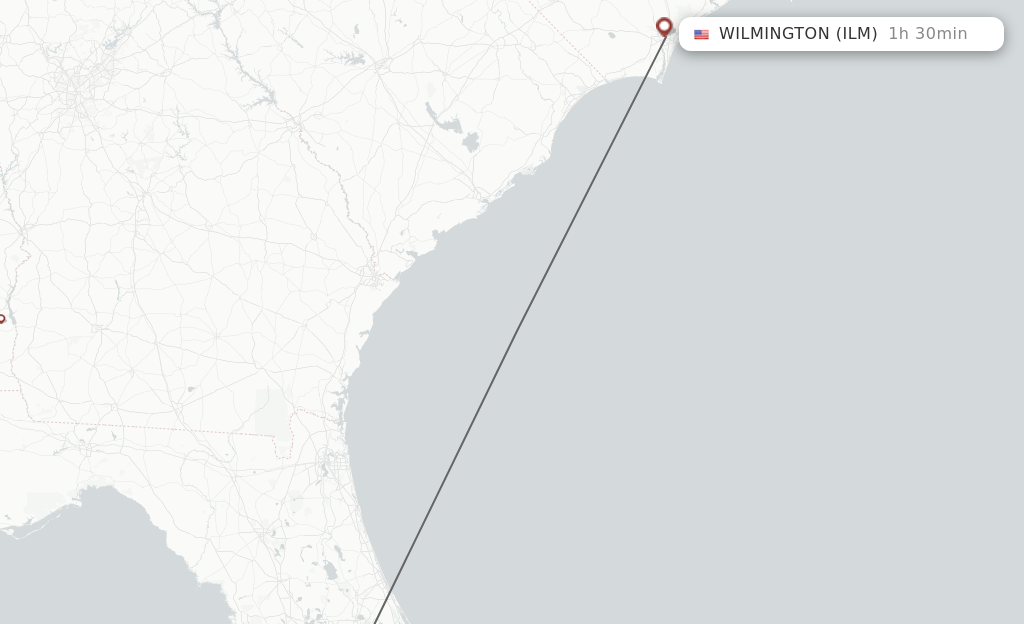 Flights from Orlando to Wilmington route map