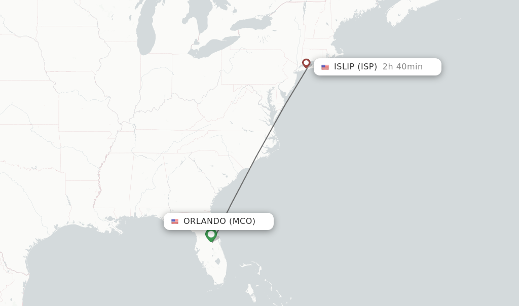 Flights from Orlando to Islip route map