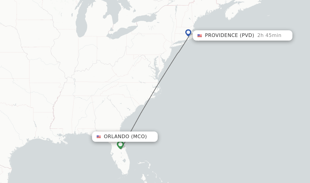 Flights from Orlando to Providence route map