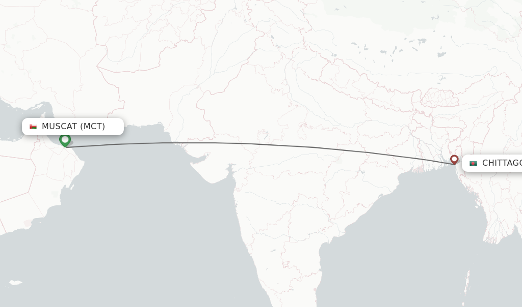Flights from Muscat to Chittagong route map
