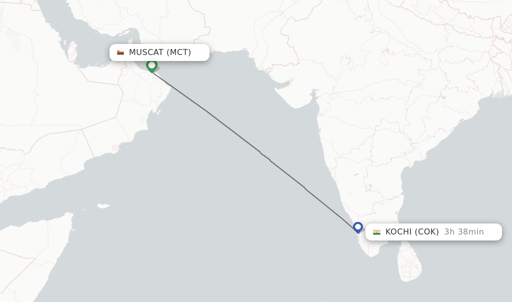 Flights from Muscat to Kochi route map