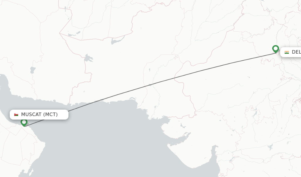 Flights from Muscat to Delhi route map
