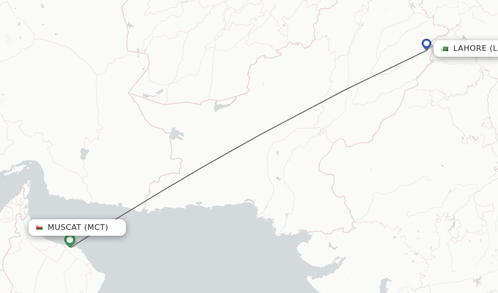 Flights from Muscat to Lahore route map