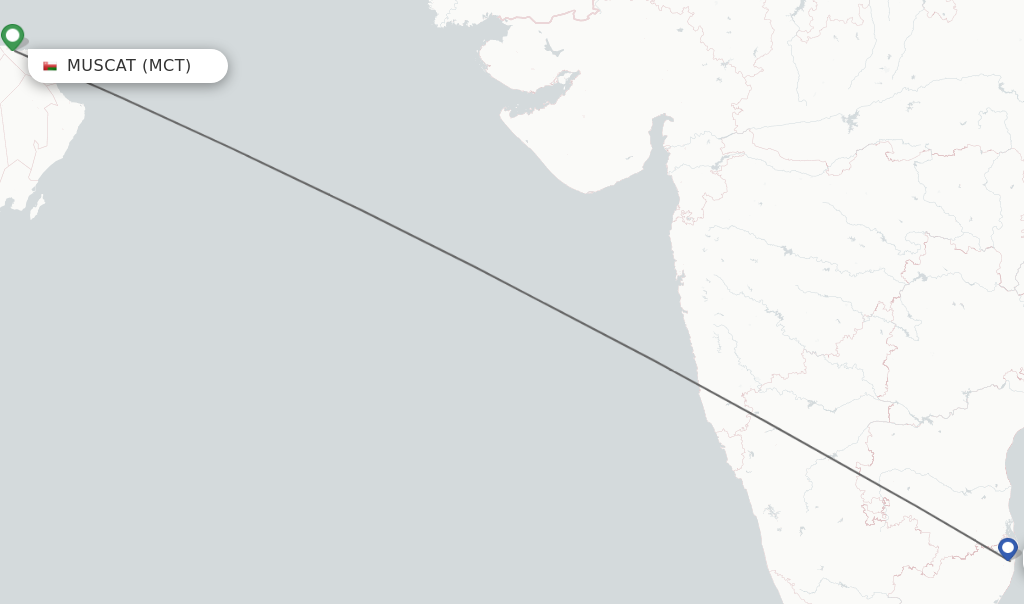 Flights from Muscat to Chennai route map