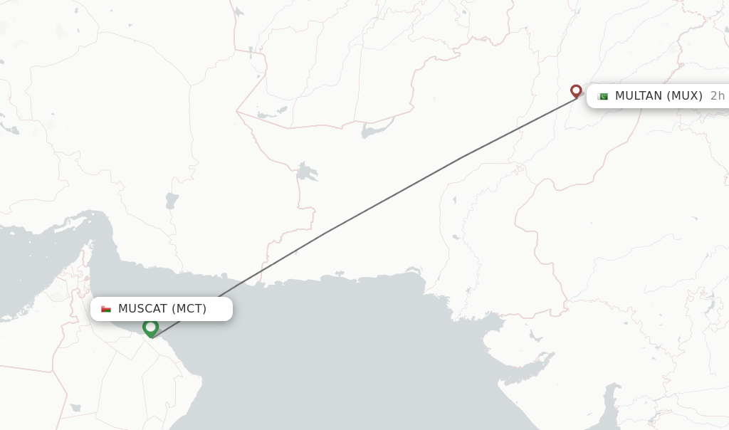 Flights from Muscat to Multan route map