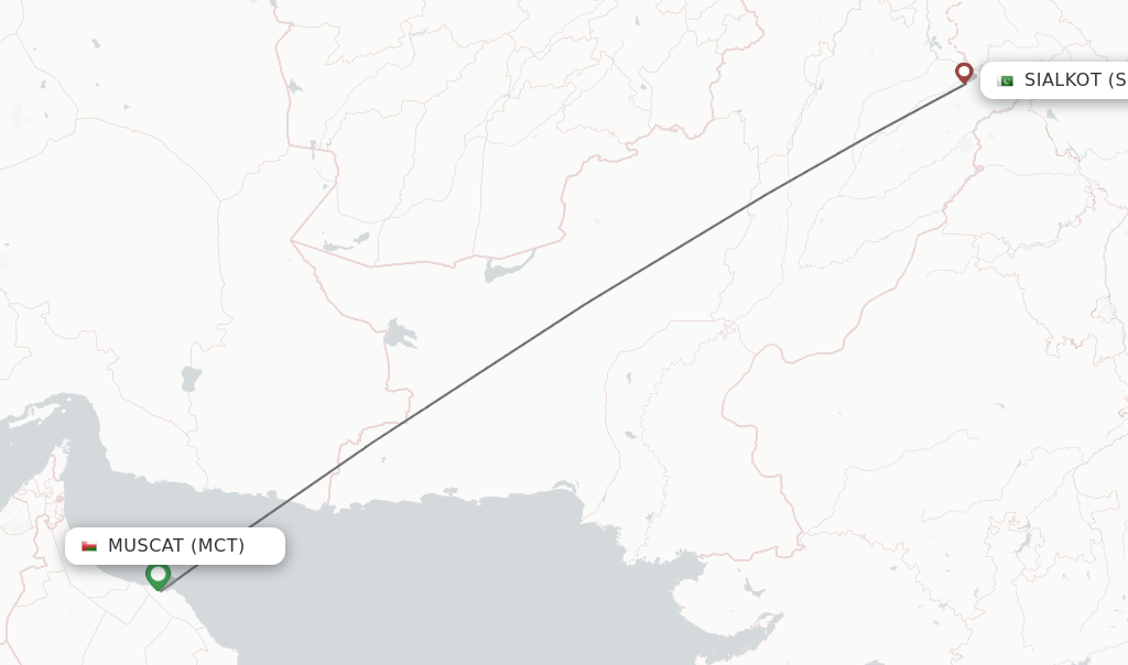 Flights from Muscat to Sialkot route map
