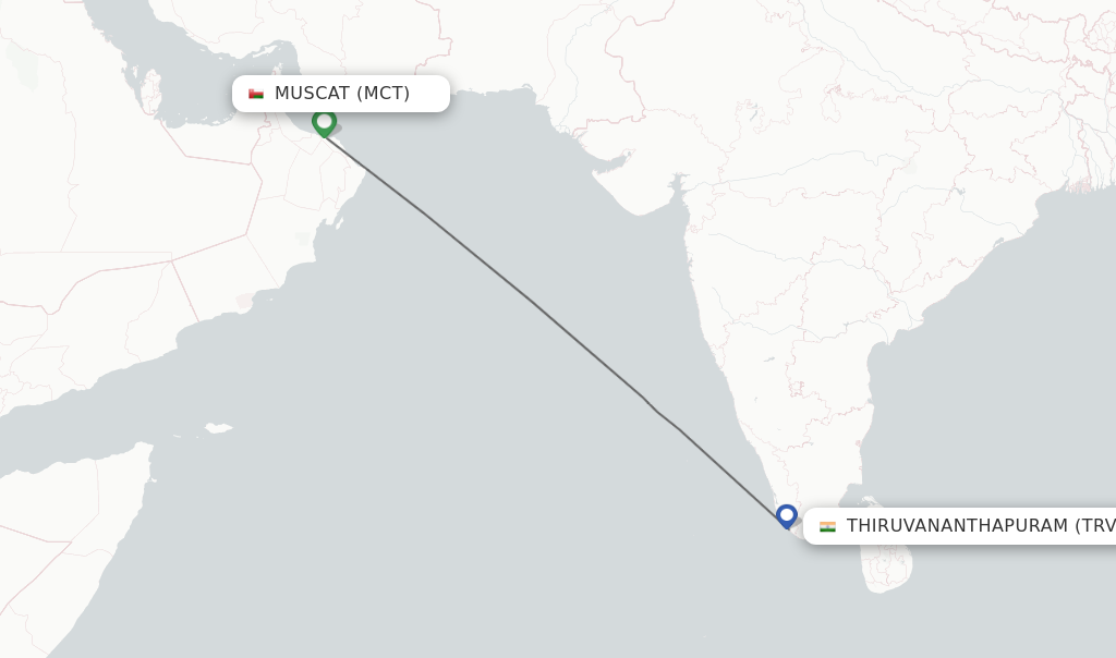 Flights from Muscat to Thiruvananthapuram route map