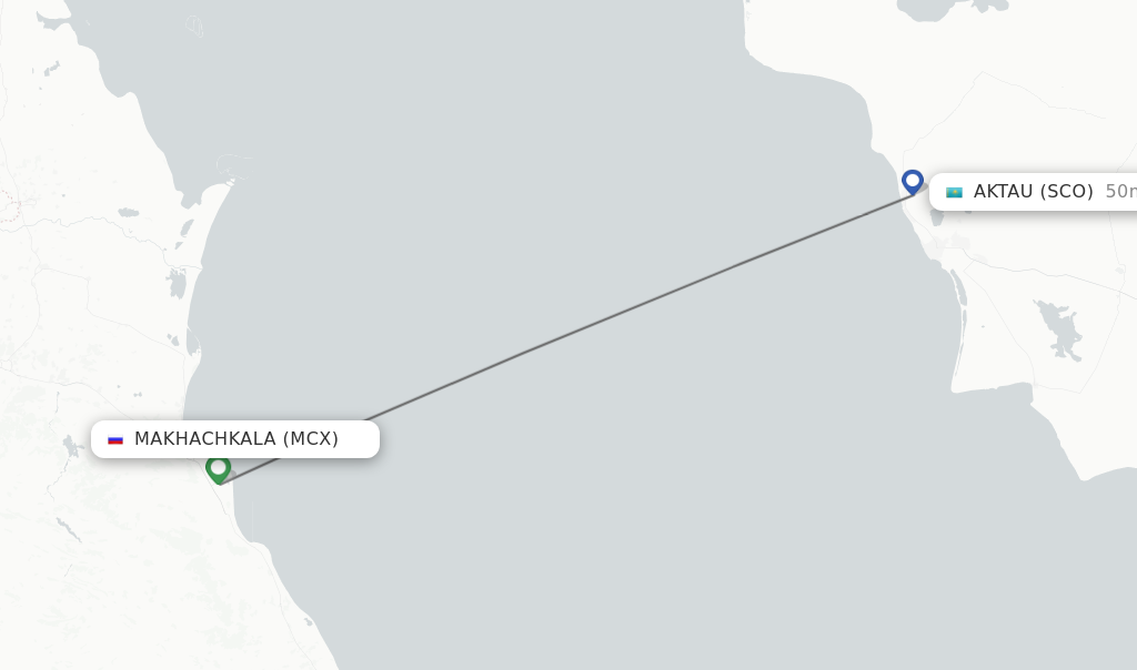 Flights from Makhachkala to Aktau route map