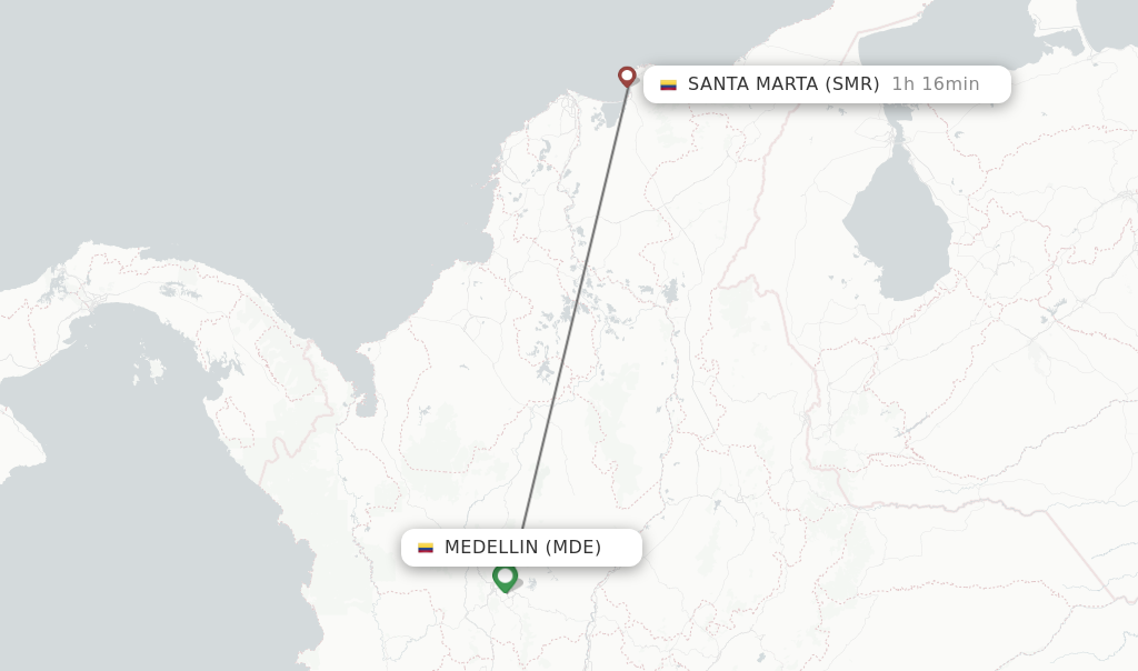 Flights from Medellin to Santa Marta route map