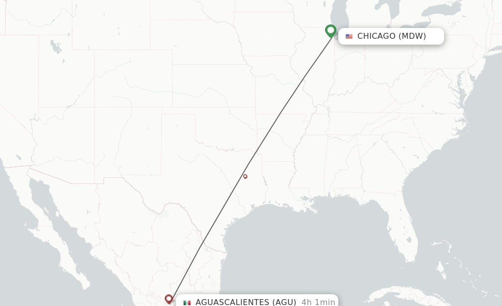 Flights from Chicago to Aguascalientes route map