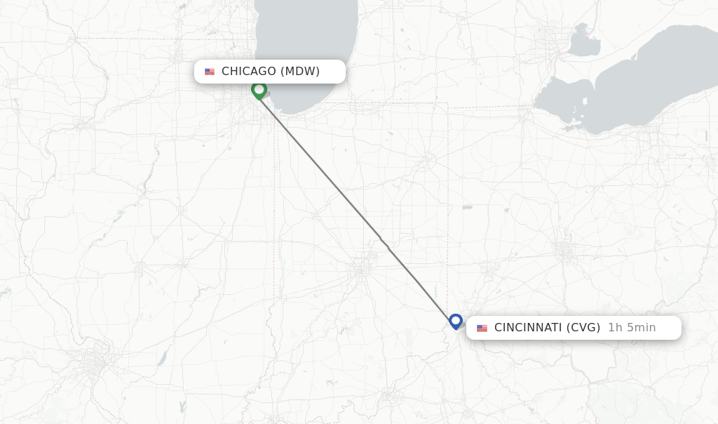 Flights from Chicago to Cincinnati route map
