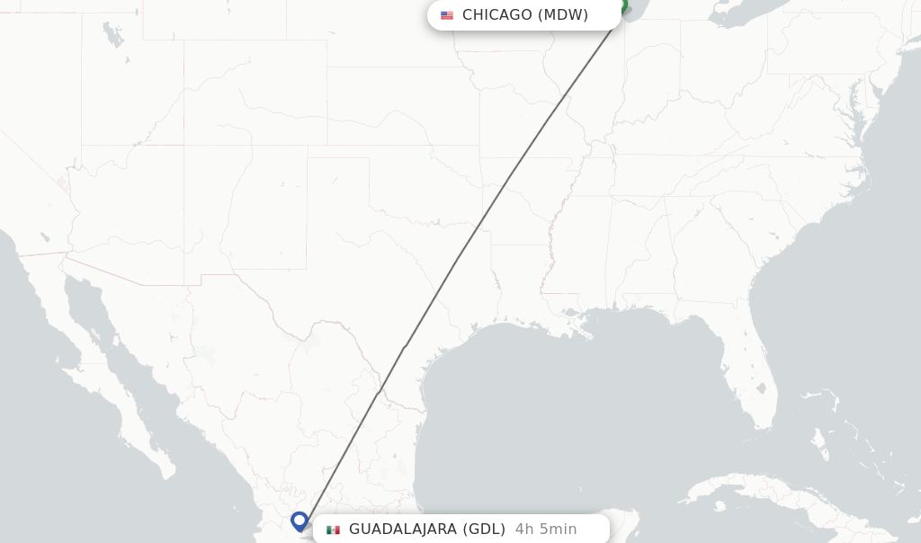Flights from Chicago to Guadalajara route map