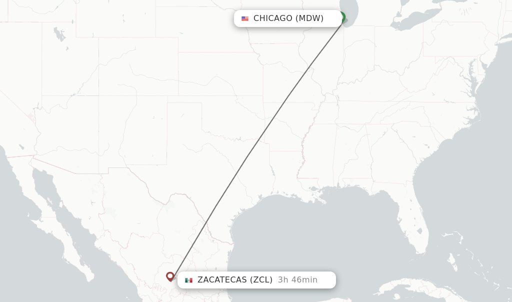 Flights from Chicago to Zacatecas route map