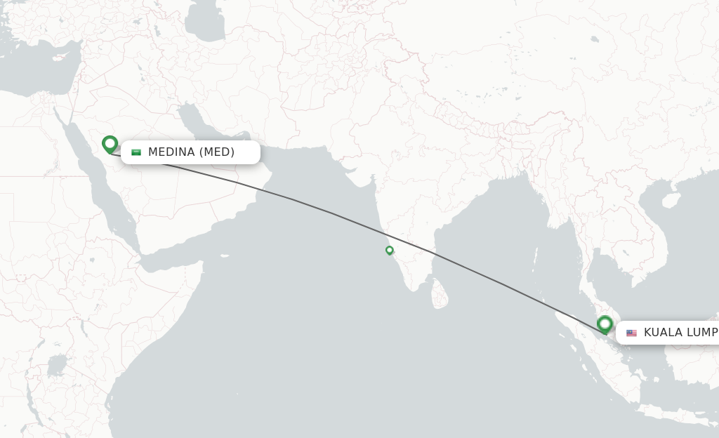 Flights from Madinah to Kuala Lumpur route map