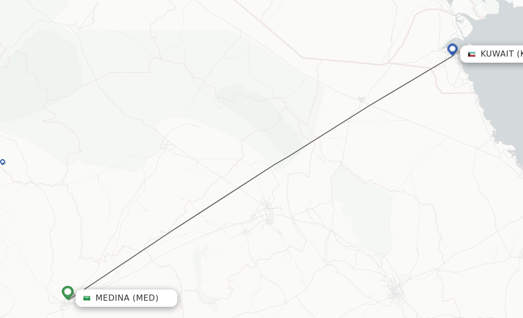 Flights from Madinah to Kuwait route map