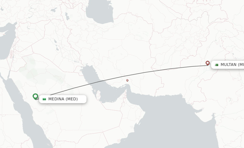 Flights from Madinah to Multan route map