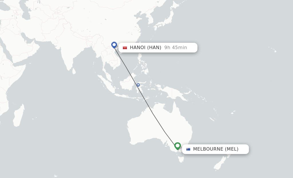 Flights from Melbourne to Hanoi route map