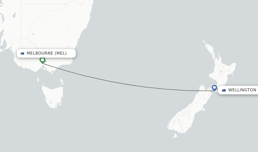 Flights from Melbourne to Wellington route map