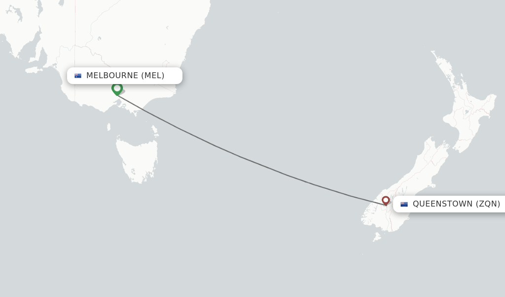 Flights from Melbourne to Queenstown route map