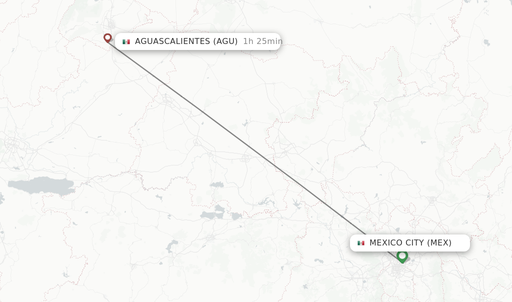 Flights from Mexico City to Aguascalientes route map