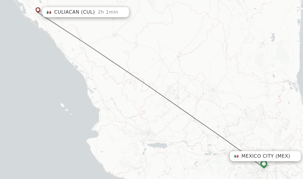 Flights from Mexico City to Culiacan route map