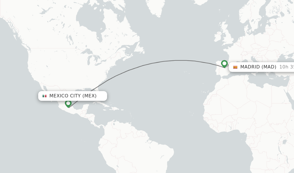 Flights from Mexico City to Madrid route map