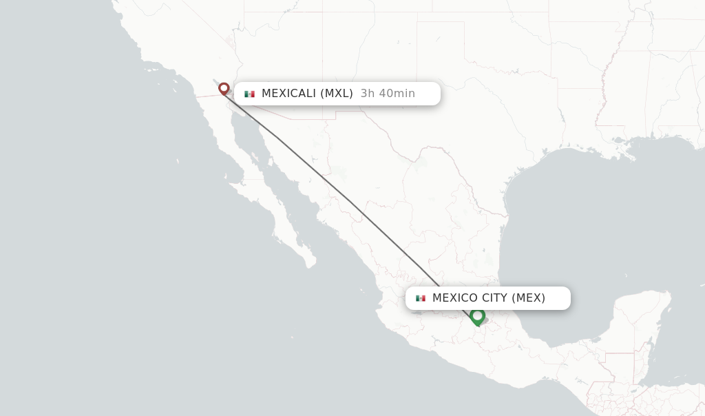 Flights from Mexico City to Mexicali route map