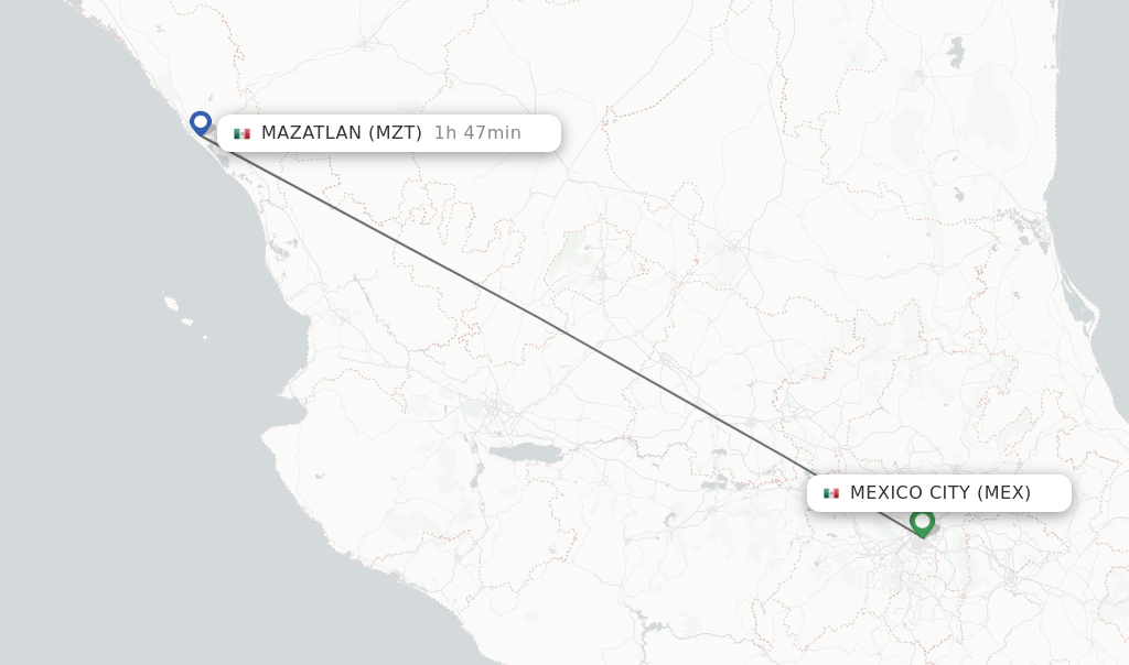 Flights from Mexico City to Mazatlan route map