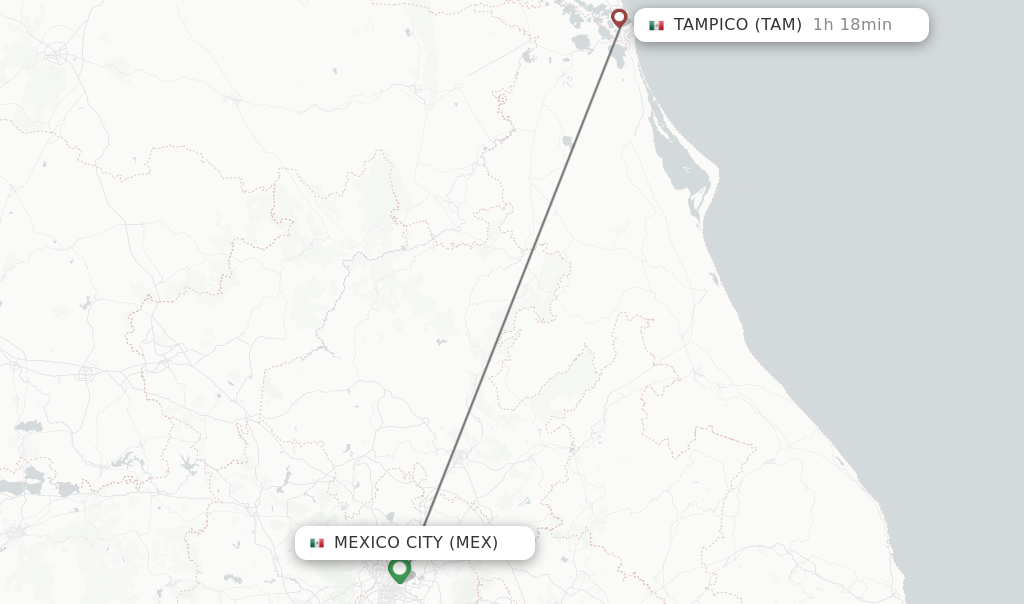 Flights from Mexico City to Tampico route map