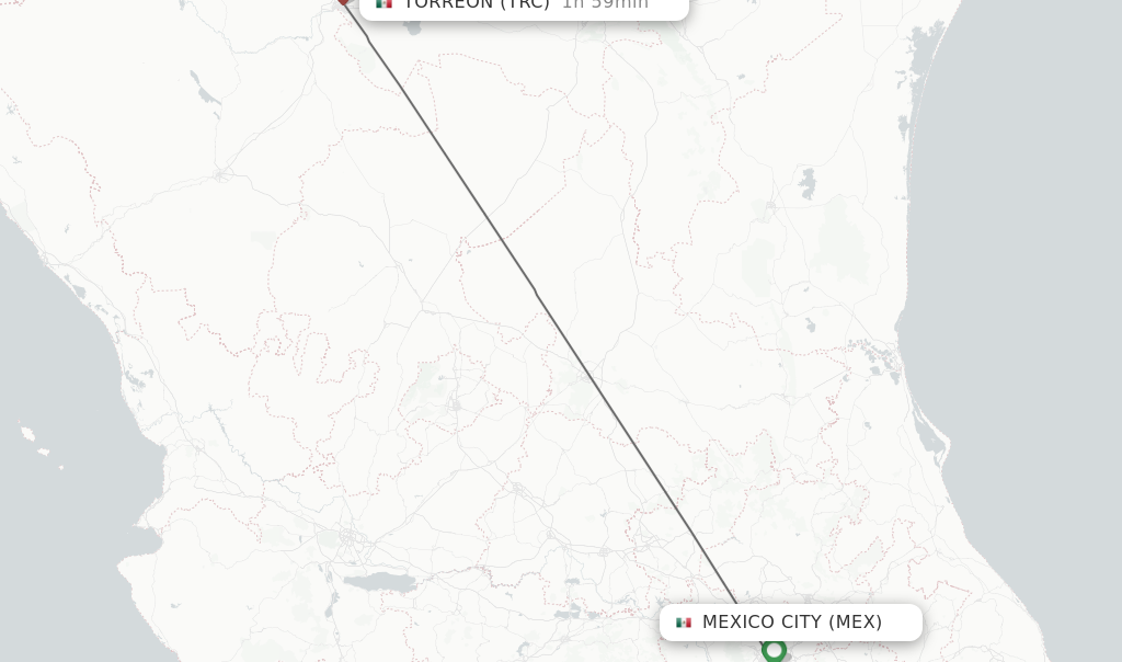 Flights from Mexico City to Torreon route map