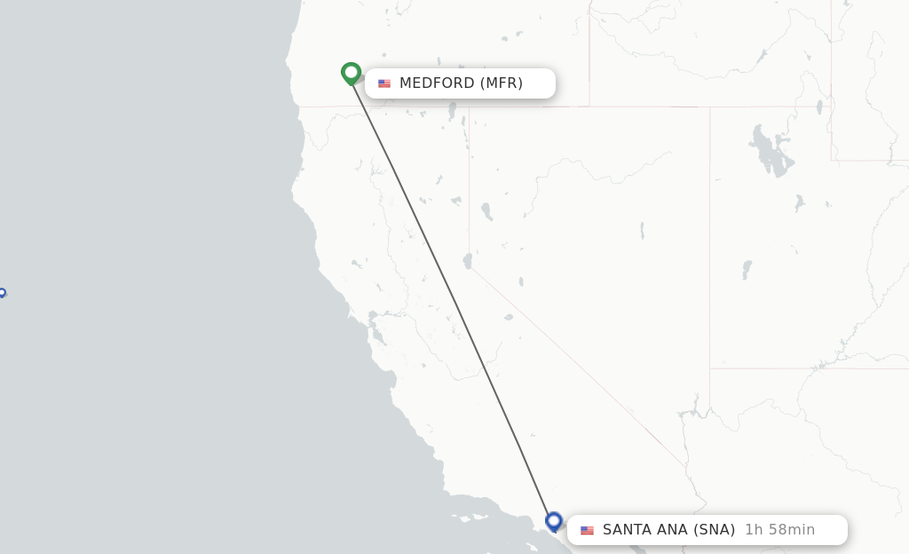 Flights from Medford to Santa Ana route map