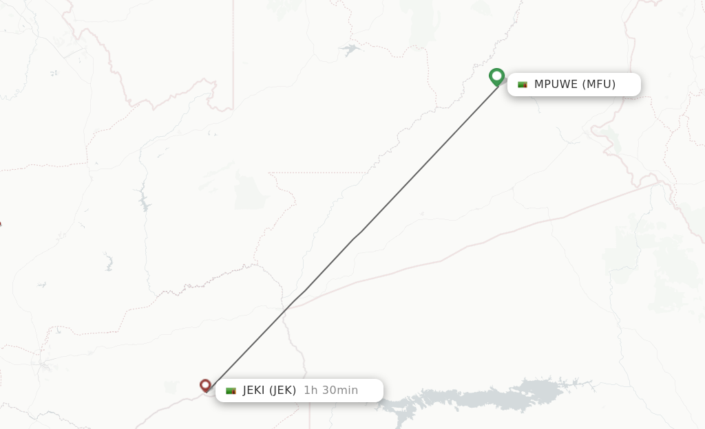 Flights from Mfuwe to Jeki route map