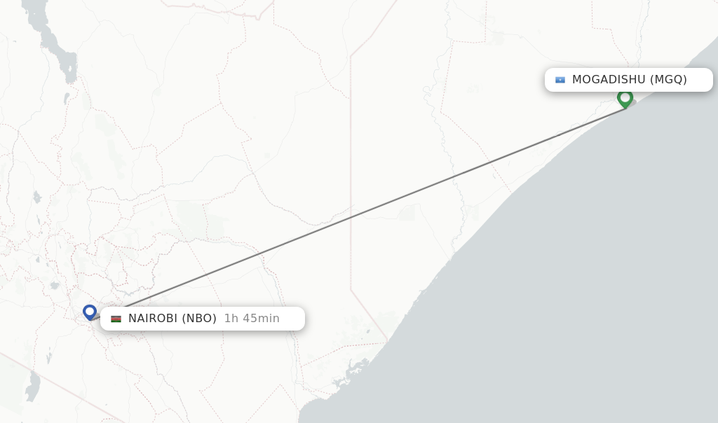 Flights from Mogadishu to Nairobi route map
