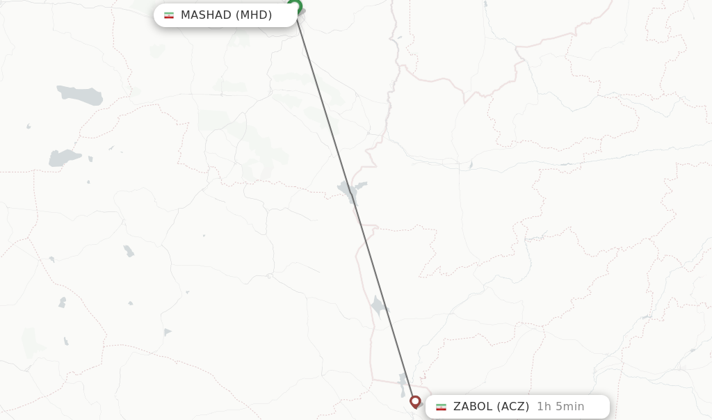 Flights from Mashad to Zabol route map
