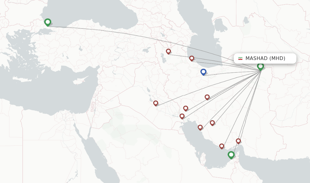 Route map with flights from Mashad with Iran Airtour